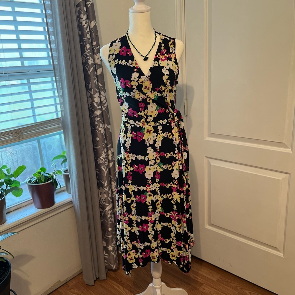 INC International Concepts Black Floral Asymmetrical Wrap Dress